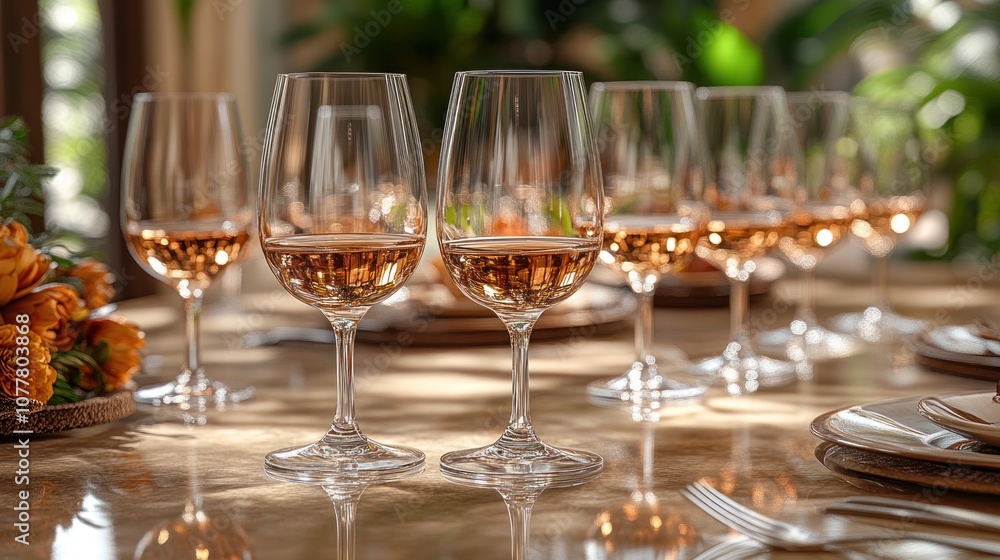 Elegant table setting with glasses of ros? wine and floral decor. Elegant table setting with glasses of ros? wine and floral decor.