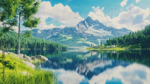 A serene landscape featuring a mountain, lake, and lush greenery under a bright sky.