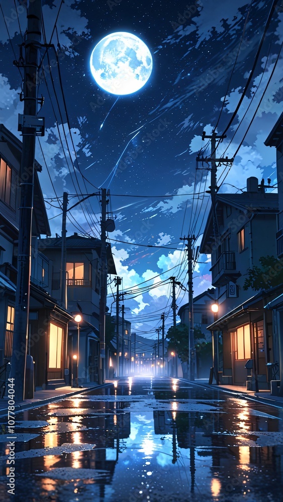 Rainy Night Street Scene With Full Moon and Shooting Stars Rainy Night Street Scene With Full Moon and Shooting Stars