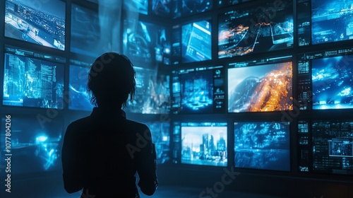 A Person Watching a Video Wall with Multimedia Images on Display

 photo