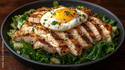 Grilled chicken salad with a fried egg.