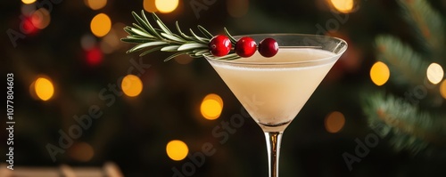 A classic Martini adorned with a rosemary sprig and cranberry garnish, with a glowing Christmas tree in the background photo