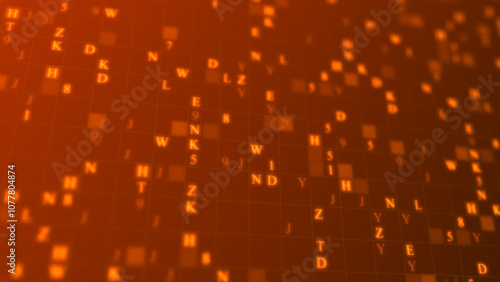 Orange glowing letters and numbers matrix abstract background, horizontal composition. Technology background.