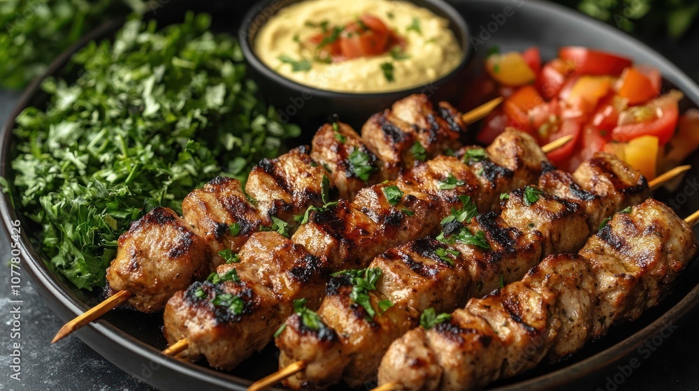 Grilled meat skewers served with hummus and fresh vegetables. Grilled meat skewers served with hummus and fresh vegetables.