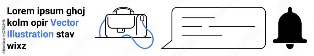 Backpack with a blue strap, speech bubble for messages, bell for notifications. Ideal for education, travel, communication, tech apps, social media, productivity tools, alerts. Landing page Backpack with a blue strap, speech bubble for messages, bell for notifications. Ideal for education, travel, communication, tech apps, social media, productivity tools, alerts. Landing page