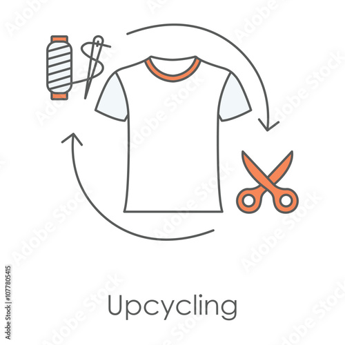 Upcycling Icon – Scissors and a Threaded Needle Around a Shirt, Indicating the Repurposing of Existing Materials.