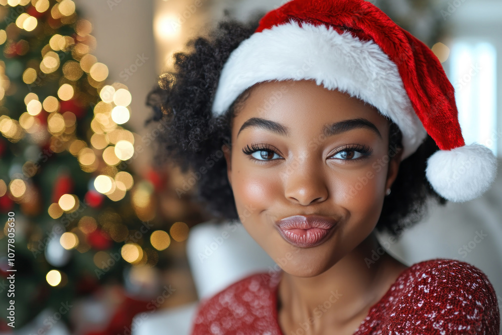 African woman blowing a kiss during Christmas celebration, love and family African woman blowing a kiss during Christmas celebration, love and family