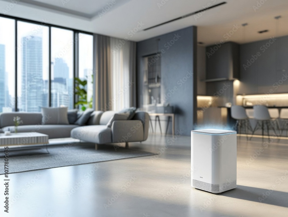 Modern White Air Purifier in a Contemporary Living Room Modern White Air Purifier in a Contemporary Living Room