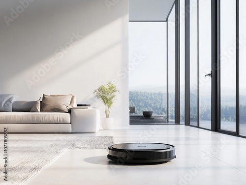 A Modern Living Room with a Robotic Vacuum Cleaner