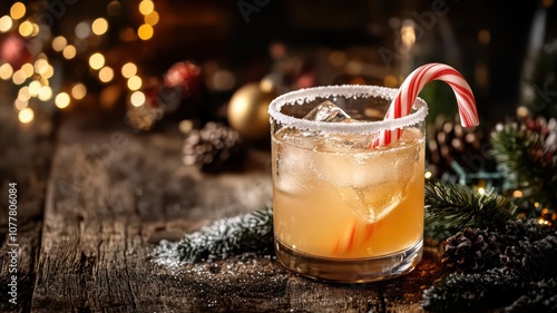 A Christmas Margarita with a sugared rim and candy cane garnish, set against a cozy background of twinkling lights and festive decor photo