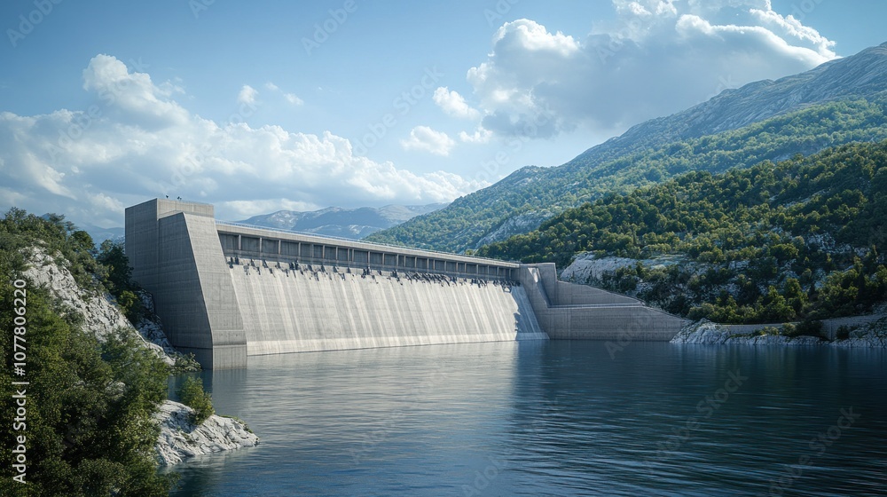 A modern dam surrounded by mountains and water, showcasing renewable energy infrastructure. A modern dam surrounded by mountains and water, showcasing renewable energy infrastructure.