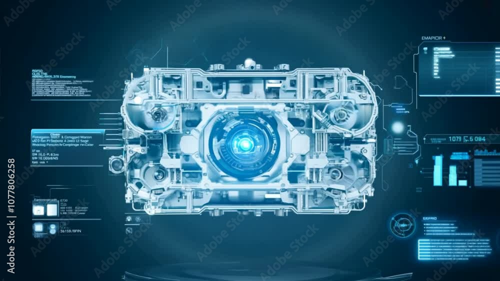 Detailed 3D Illustration of an Engine Component with Digital Interfaces and Background Representing Engineering Concepts and Technological Innovations Detailed 3D Illustration of an Engine Component with Digital Interfaces and Background Representing Engineering Concepts and Technological Innovations
