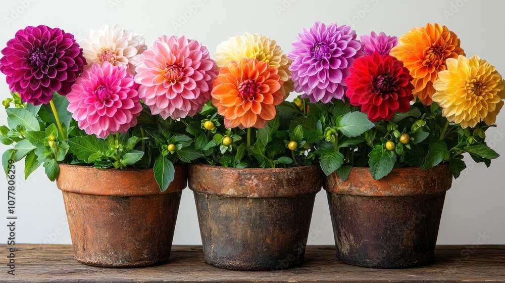 Colorful dahlias in rustic pots on a wooden table. Colorful dahlias in rustic pots on a wooden table.