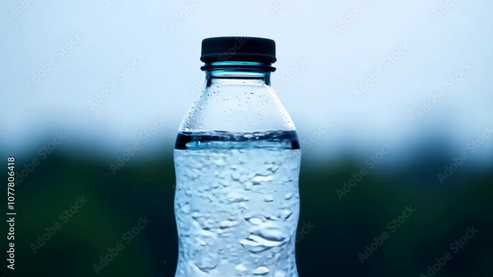 Clear Water Bottle with Fresh Water Drops on Surface Against a Soft Blue Background, Reflecting Light in a Natural Setting for Refreshing Beverage Concept Clear Water Bottle with Fresh Water Drops on Surface Against a Soft Blue Background, Reflecting Light in a Natural Setting for Refreshing Beverage Concept