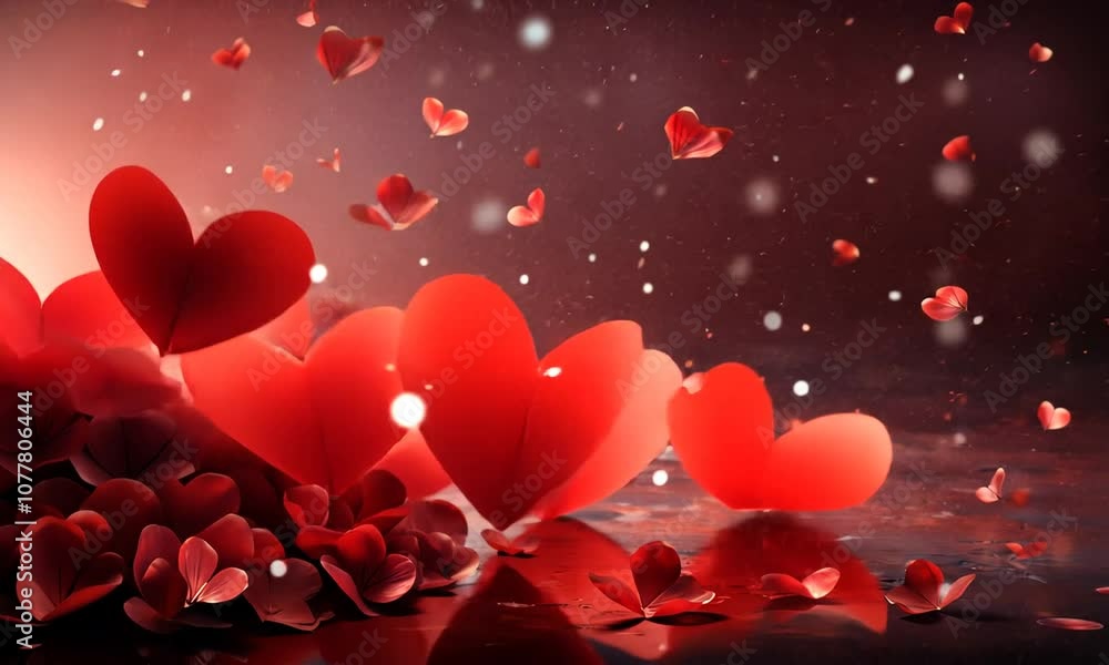 Red petals falling on dark background with bokeh effect. Red petals falling on dark background with bokeh effect.