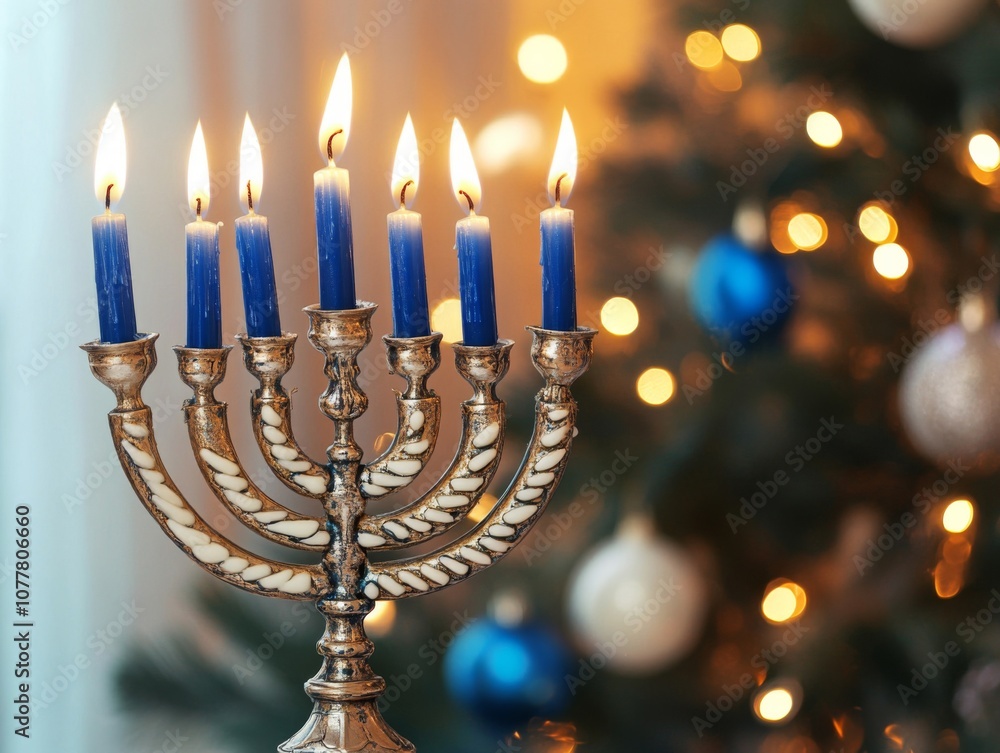 A Menorah with Lit Blue Candles Against a Blurred Christmas Tree Background A Menorah with Lit Blue Candles Against a Blurred Christmas Tree Background