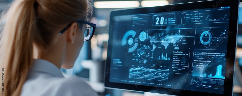 A woman analyzes data on a high-tech monitor, showcasing graphs, maps, and digital information in a modern workspace. A woman analyzes data on a high-tech monitor, showcasing graphs, maps, and digital information in a modern workspace.