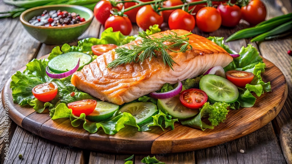 A Delectable Dish Featuring a Seared Salmon Fillet, Accented with Fresh Greens, Crisp Cucumbers, and Vibrant Tomatoes on a Rustic Wooden Board A Delectable Dish Featuring a Seared Salmon Fillet, Accented with Fresh Greens, Crisp Cucumbers, and Vibrant Tomatoes on a Rustic Wooden Board