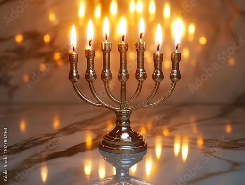 A Golden Menorah with Seven Lit Candles