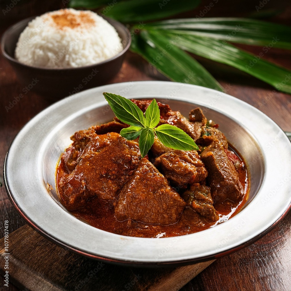 Rendang, tender and spicy slow-cooked beef simmered in coconut milk and aromatic spices Rendang, tender and spicy slow-cooked beef simmered in coconut milk and aromatic spices