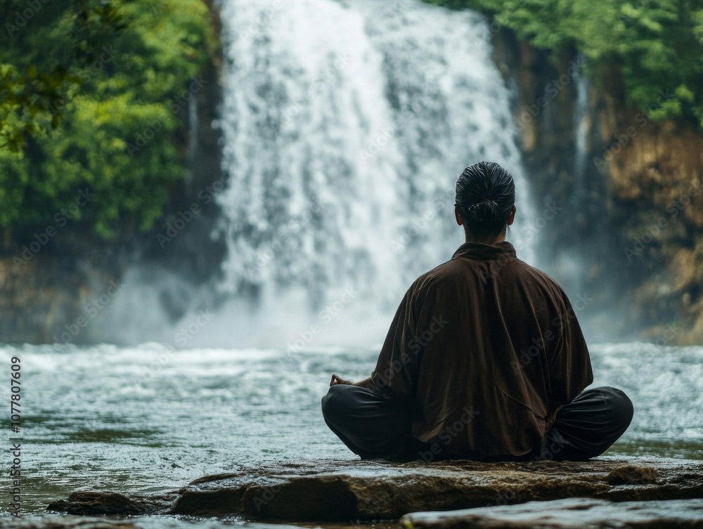A Person Meditating in Front of a Waterfall A Person Meditating in Front of a Waterfall