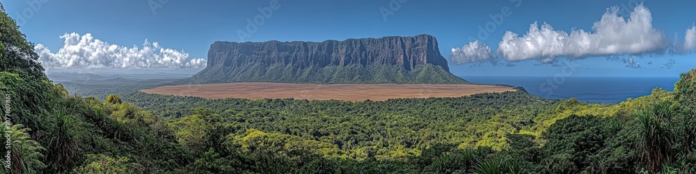 Obraz premium Majestic Table Mountain in Lush Venezuelan Jungle Against Clear Blue Sky with Scenic Horizon and Rolling Clouds - Captivating Natural Landscape Photography