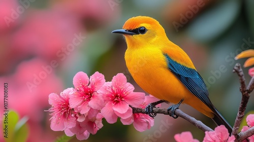 A vibrant orange bird perched on pink flowers.