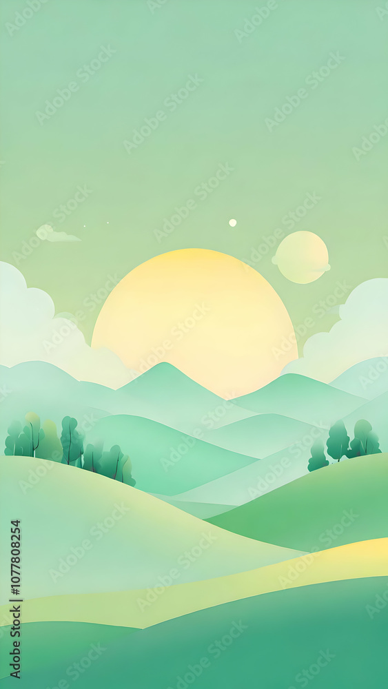 Misty mountains at sunrise or sunset with a large sun casting yellow and green hue over fog-covered pine trees. Dreamy, serene landscape with soft pastel colors, creating a peaceful and ethereal atmos Misty mountains at sunrise or sunset with a large sun casting yellow and green hue over fog-covered pine trees. Dreamy, serene landscape with soft pastel colors, creating a peaceful and ethereal atmos