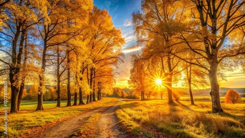A golden path through a forest of vibrant autumn trees, illuminated by the warm glow of the setting sun.