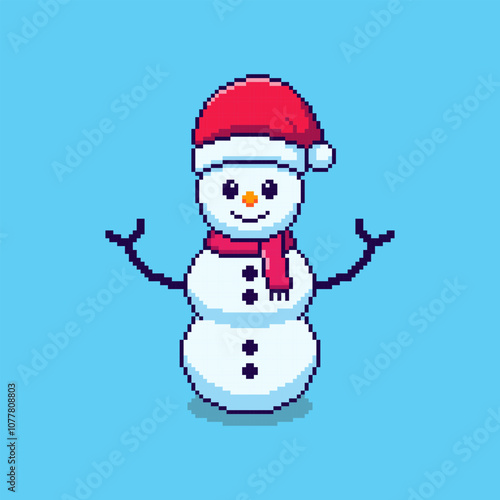 Pixel art Snowman with Santa Hat game asset design