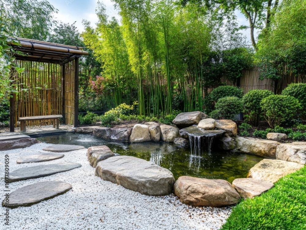 Tranquil Japanese Garden with Waterfall and Stone Path Tranquil Japanese Garden with Waterfall and Stone Path