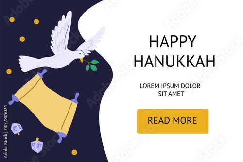 Happy hanukkah celebration with dove, scroll, and dreidels on festive background.