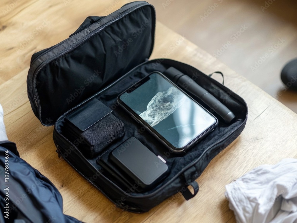 Black Bag with Smartphone, Power Bank, and Microphone Black Bag with Smartphone, Power Bank, and Microphone