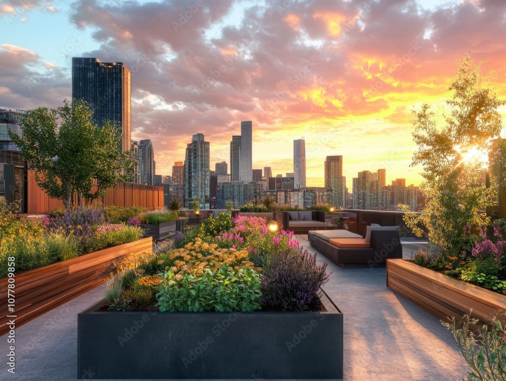 Fototapeta premium Rooftop Garden with City Skyline and Sunset View