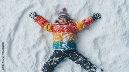 A cheerful child makes a snow angel in a snow-covered park on a bright winter day, enjoying the playful seasonal delight