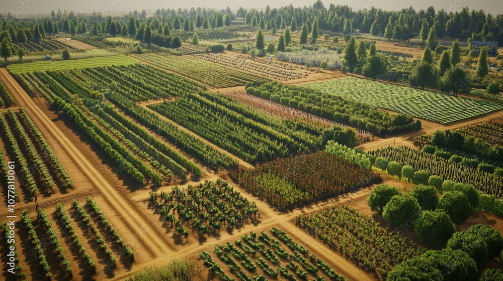 An aerial view of a large farm, with various crops planted in neat sections. An aerial view of a large farm, with various crops planted in neat sections.