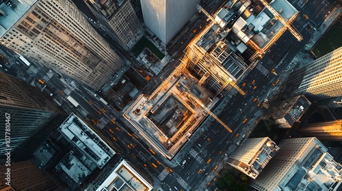 Aerial View of a City Under Construction with Skyscrapers and a Large Construction Site