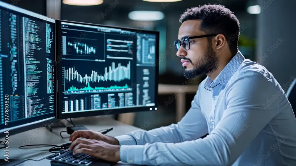 A man is sitting at a desk with two computer monitors in front of him A man is sitting at a desk with two computer monitors in front of him