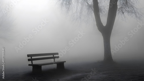 A solitary bench in a foggy forest, with a tree reaching up