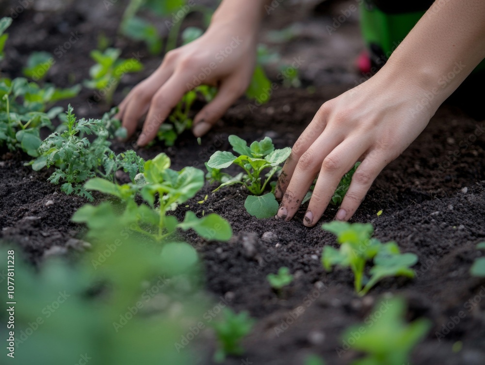 Hand Gently Tending to Newly Planted Seedlings in a Garden Bed Hand Gently Tending to Newly Planted Seedlings in a Garden Bed