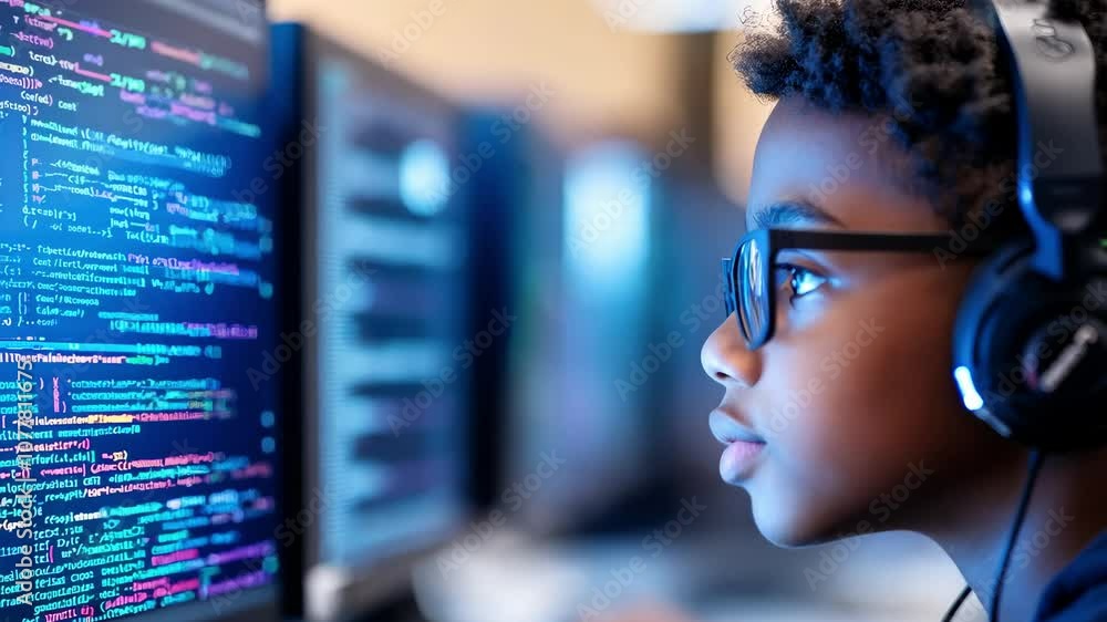 Young Coder with Headphones Engaged in Programming, Analyzing Code on a Computer Screen, Modern Learning Environment, Focused Expression and Technology Integration Young Coder with Headphones Engaged in Programming, Analyzing Code on a Computer Screen, Modern Learning Environment, Focused Expression and Technology Integration