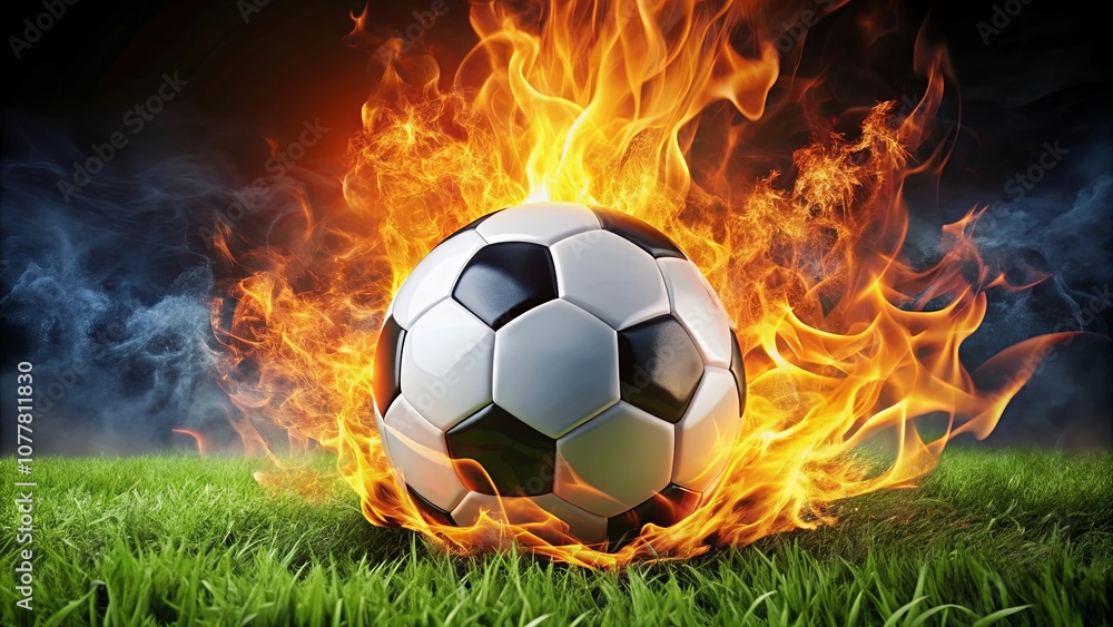 Fototapeta premium A Burning Passion for the Sport, a Black and White Ball Embraces the Fiery Heat, Surrounded by a Lush Green Field, a Symbol of Athletic Intensity