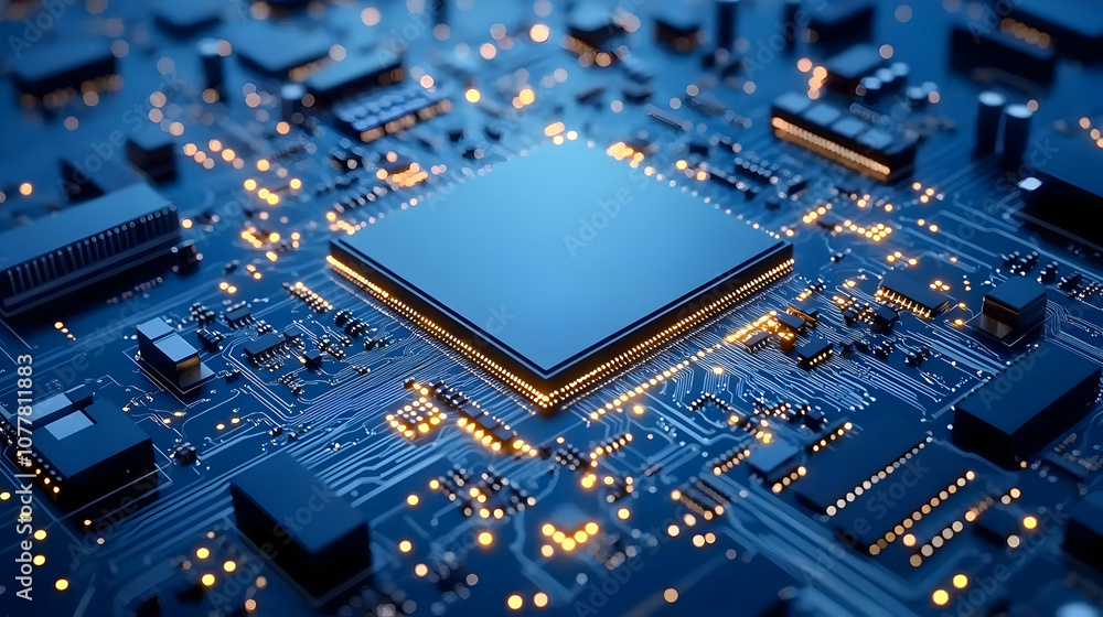 3D Illustration of a Computer Circuit Board with a Processor in the Center 3D Illustration of a Computer Circuit Board with a Processor in the Center