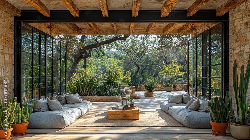 Fototapeta premium Open Glass Doors Reveal a Relaxing Patio with Seating, Plants, and a View of Nature