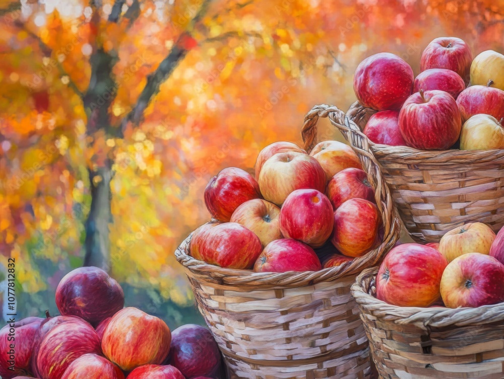 Red and Yellow Apples in Baskets with Blurry Autumn Background Red and Yellow Apples in Baskets with Blurry Autumn Background