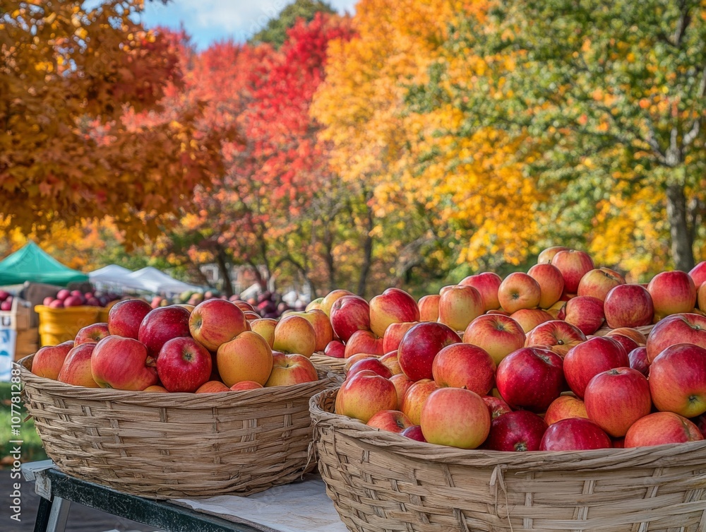 Two Wicker Baskets Filled with Red Apples in Front of Autumn Foliage Two Wicker Baskets Filled with Red Apples in Front of Autumn Foliage
