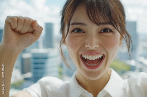 Wallpaper Mural 成功を祝う: 都会のスカイラインを背景に喜びの表情で拳を突き上げるビジネスウーマン Torontodigital.ca