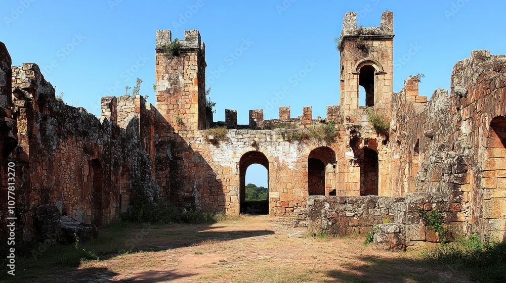 Ancient ruins with stone walls and towers under a clear blue sky. Ancient ruins with stone walls and towers under a clear blue sky.