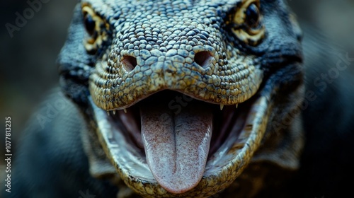 Close-up of a Komodo dragon's head with its mouth open, revealing its tongue.