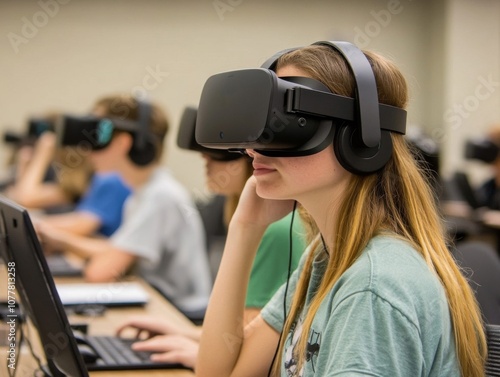 Young Woman Wearing a VR Headset While Using a Computer